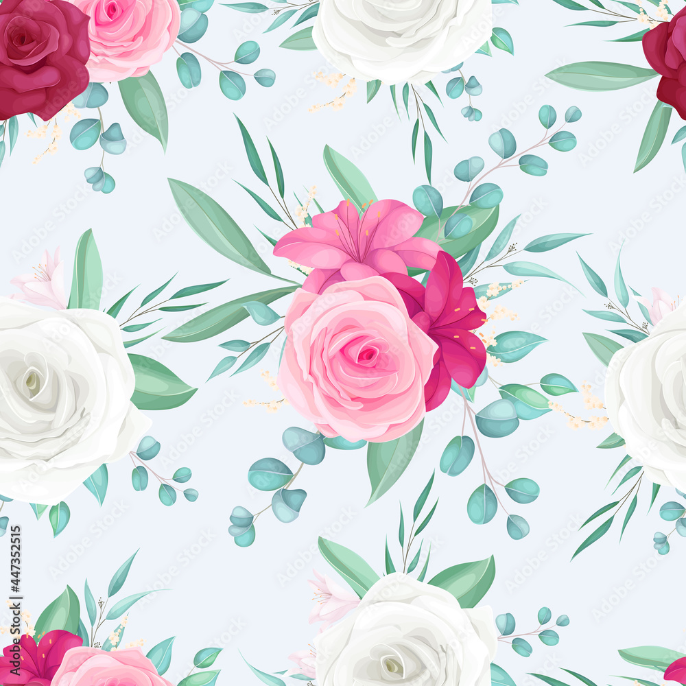 seamless pattern design with beautiful rose and lily flower