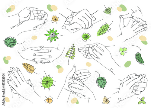 Silhouette Collection of human hands. Woman's brush in modern style with one line with plant leaves. Solid sketches for decor, posters, stickers, logo. Set of vector illustrations.