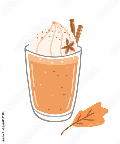 Autumn coffee drink - pumpkin spice latte with whipped cream and cinnamon. Vector hand-drawn illustration in cartoon flat style. Perfect for cards, invitations, decorations, menu, holiday designs.