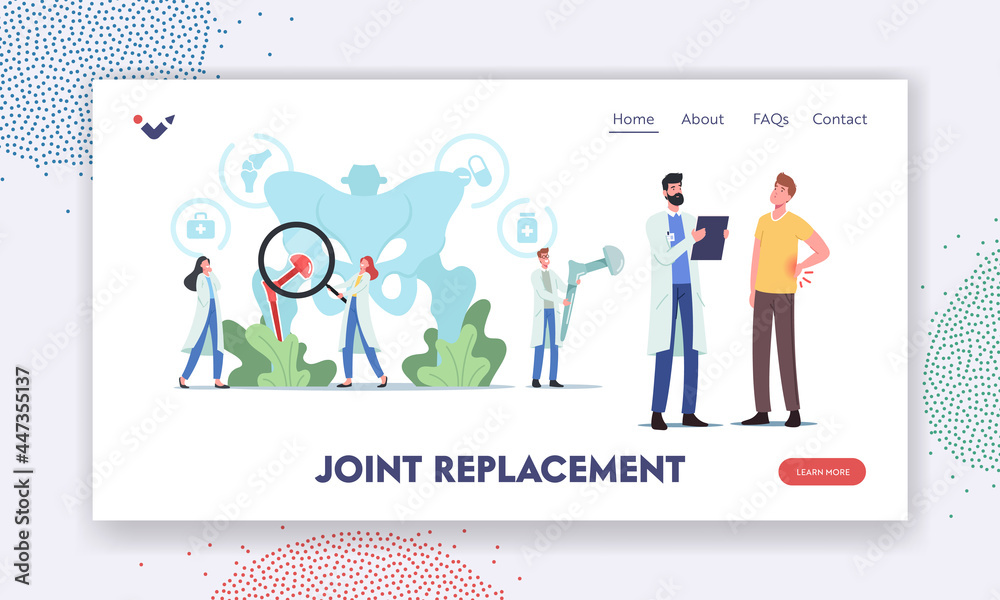 Arthoplasty, Osteoarthritis, Hip Joint Replacement Landing Page Template. Tiny Characters at Huge Human Pelvic Bones