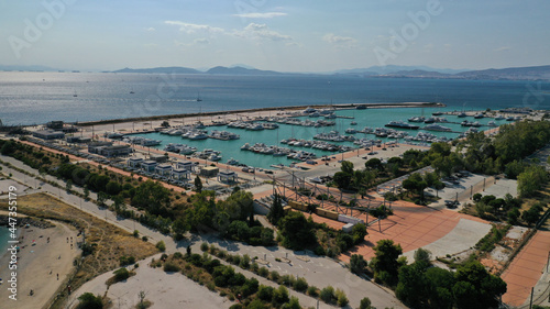 Aerial drone photo of famous Agios Kosmas marina a popular luxury yacht anchorage in Athens riviera next to former Athens international airport  Elliniko  Attica  Greece