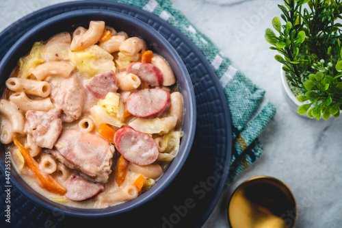 Creamy Chicken Sopas is a Filipino macaroni soup made with elbow macaroni, various vegetables, and meat, in a creamy broth with evaporated milk. It is regarded as a comfort food in the Philippines.
