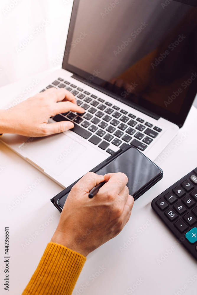 Woman using a laptop with World and big data network connection, World Wide Web, social network Woman using a laptop with World and big data network connection, World Wide Web, social network