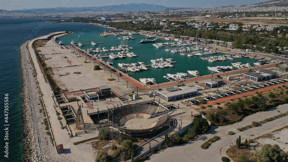 Aerial drone photo of famous Agios Kosmas marina a popular luxury yacht anchorage in Athens riviera next to former Athens international airport, Elliniko, Attica, Greece