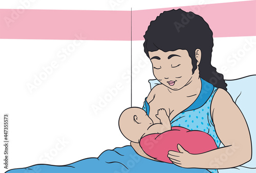 Chubby mom carrying her newborn baby in the hospital, Vector illustration