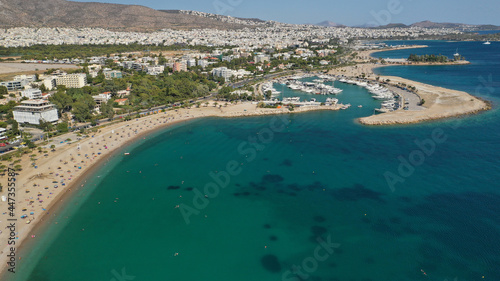Aerial drone photo of popular main public beach of Glyfada with crystal clear sea, Athens riviera, Attica, Greece