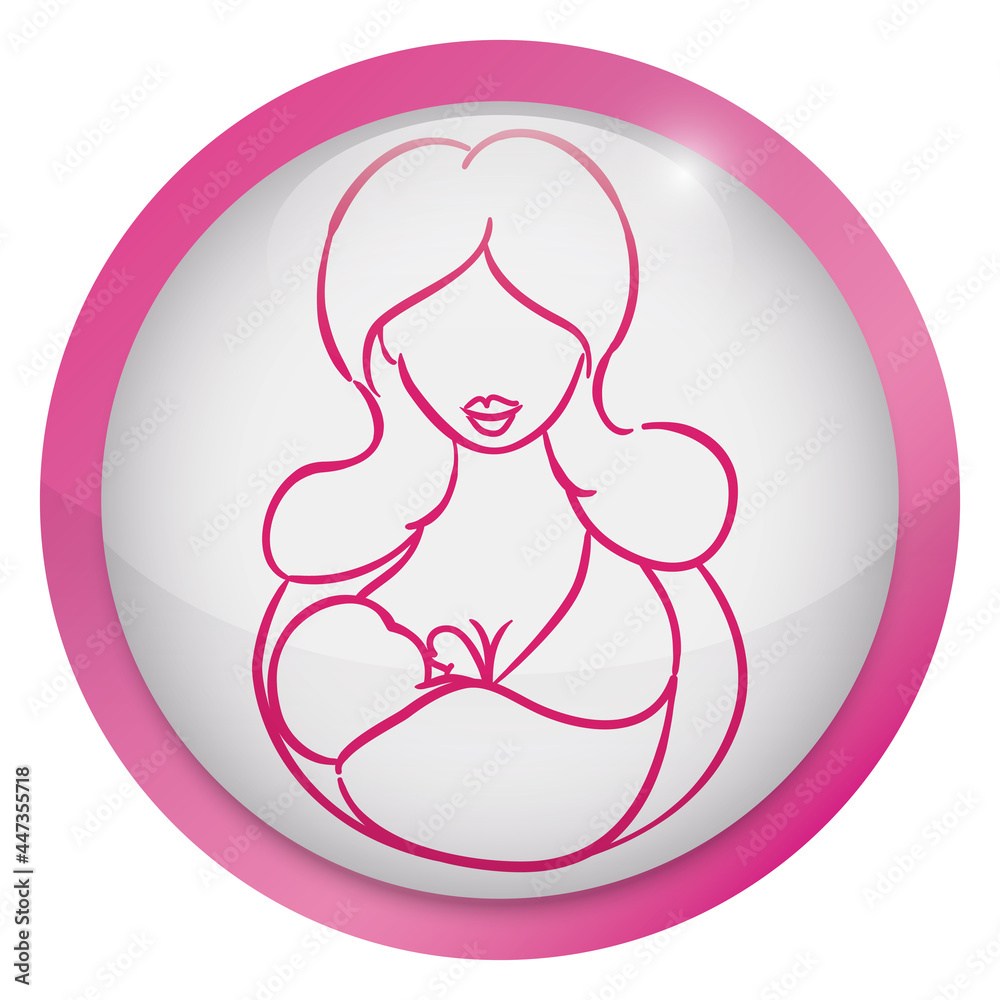 Pink button with mommy and baby in line style, Vector illustration