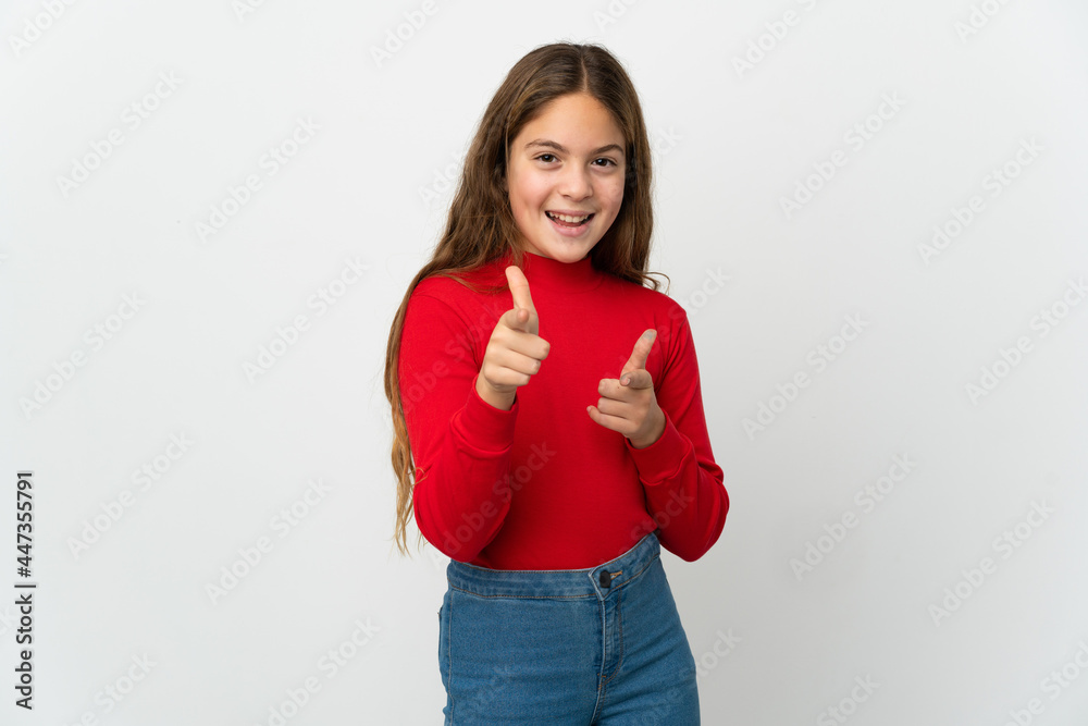 Little girl over isolated white background pointing to the front and smiling Little girl over isolated white background pointing to the front and smiling
