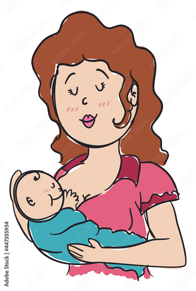Cute doodle of mommy breastfeeding her baby, Vector illustration Cute doodle of mommy breastfeeding her baby, Vector illustration