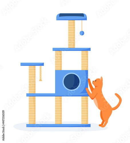 Cat tree or house with scratching posts. Cute red cat interested in cat tower and scratching it. Cat playground with claw sharpeners. Flat style vector 