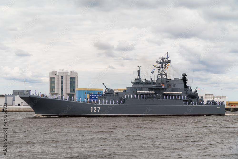 The large landing ship Minsk of project 775 passes near Kronstadt during the naval parade on July 25, 2021.