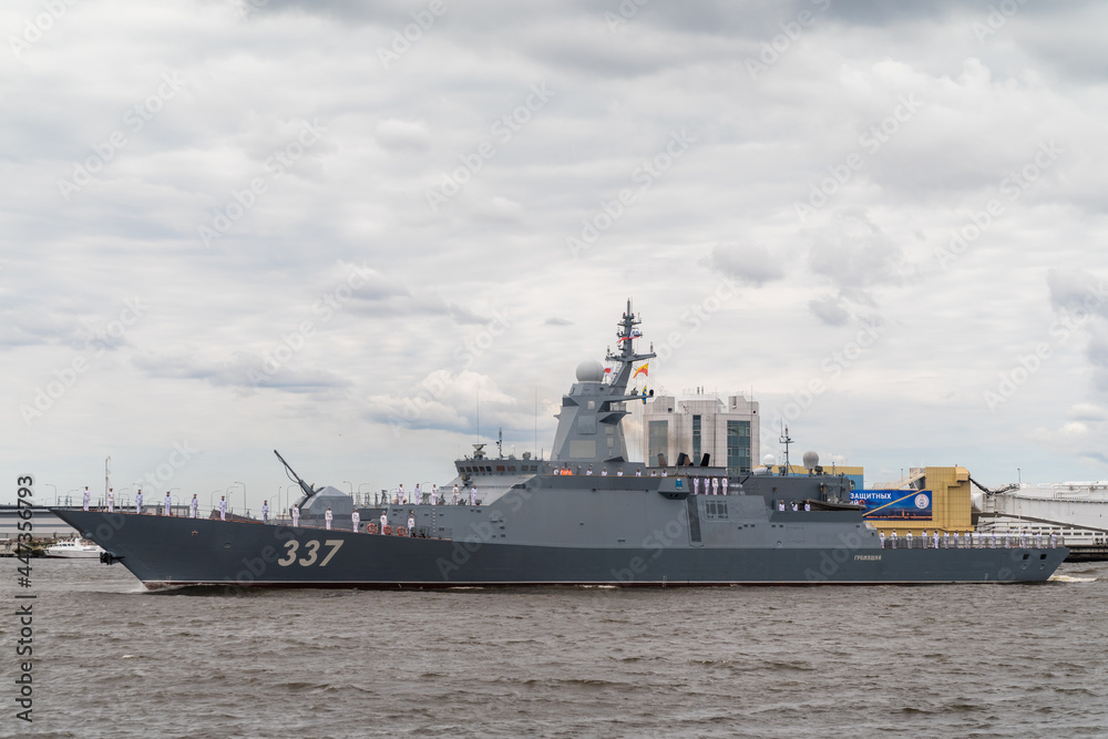 The newest Military corvette of the Rattling project 20385 passes near Kronstadt during the naval parade on July 25, 2021.