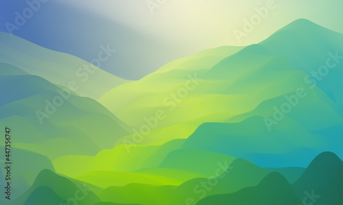 Abstract vector illustration of green valley in the light of morning sun. Spring or summer mountain landscape. Contemporary impressionism artwork. Colorful background for cover, banner, wallpaper.