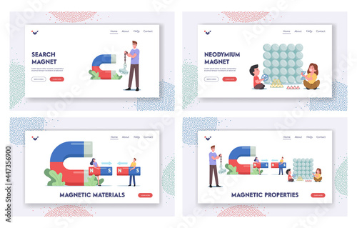 Magnetic Properties Landing Page Template Set. Characters with Huge Magnets Horseshoe, Bar and Neodymium Disk