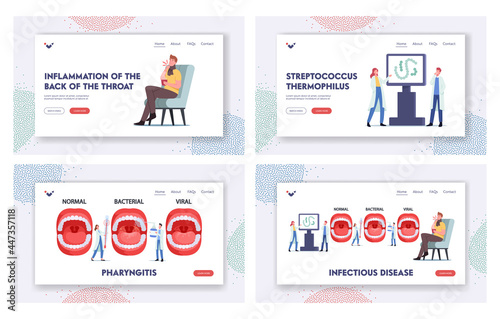 Infectious Disease Landing Page Template Set. Doctors Presenting Infographics with Normal, Bacterial Pharyngitis