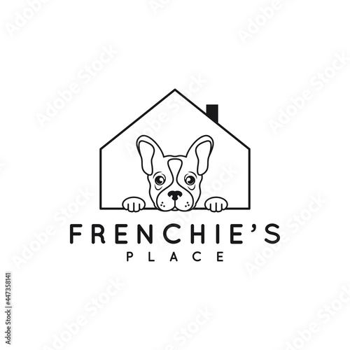 Frenchie bulldog logo. Bulldog house on white