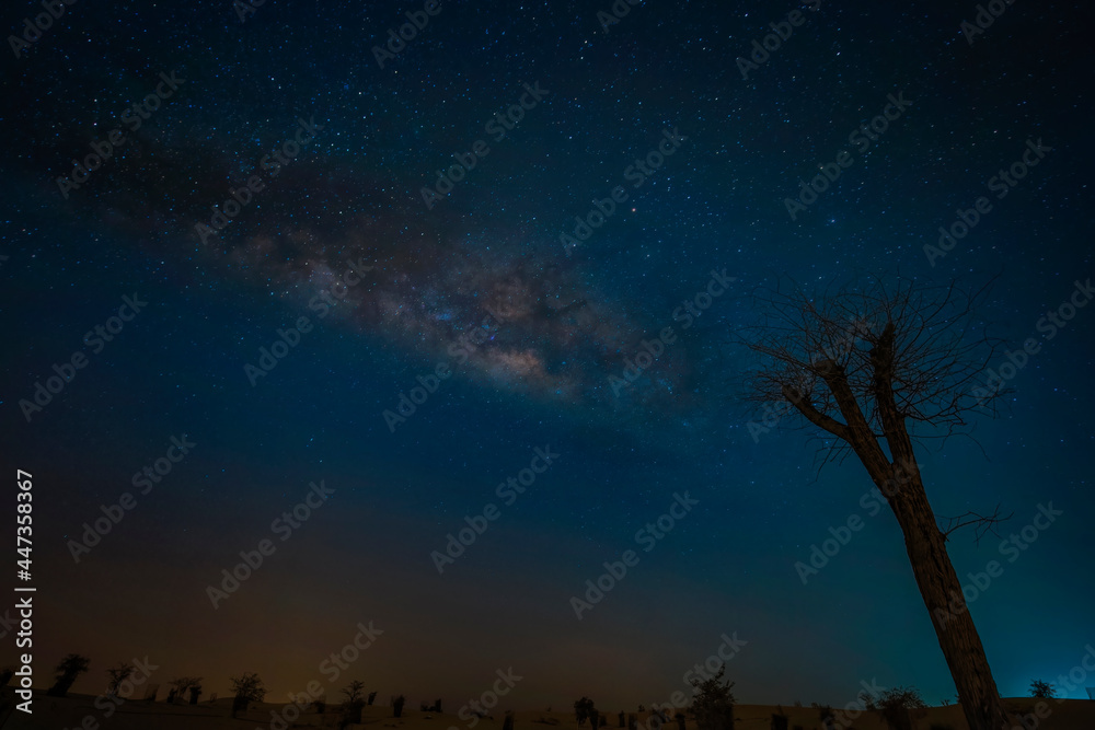 Night landscape with colorful Milky Way in deserts. Starry sky with hills at summer. Beautiful Universe. Space background.. Night landscape with colorful Milky Way in deserts. Starry sky with hills at summer. Beautiful Universe. Space background..