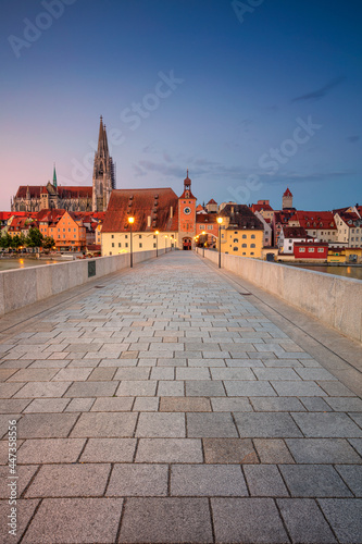Obraz na płótnie Regensburg, Germany. Cityscape image of Regensburg, Germany with Old Stone Bridge over Danube River and St. Peter Cathedral at summer sunrise. w salonie