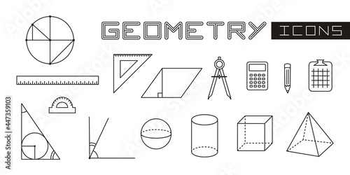 A set of linear isolated elements for geometry. Geometric shapes and objects. Vector illustration for school textbooks, educational projects, maths banners and posters.
