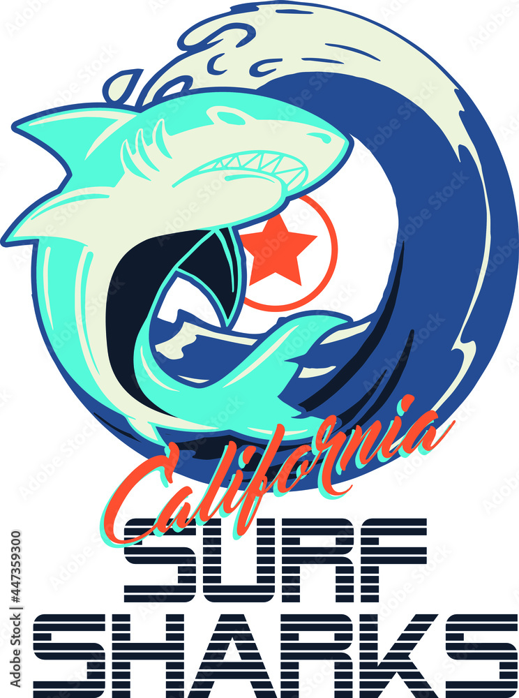 Naklejka premium Fun print or label design for kids and teens, california surf sharks, themed t-shirts or a variety of places.