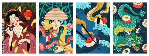 Japanese food poster tempura fried shrimp. Japan cuisine banner ramen national noodle dish. Sushi, sashimi and rolls oriental bar advertising flyer. Asian seafood restaurant menu vector placard set