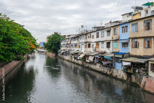 canal country with old houses near the main canal.  Bangkok, Thailand, Asia