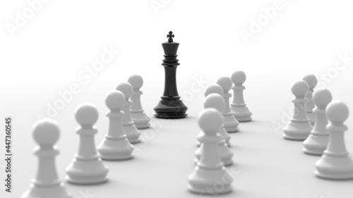Leadership concept, black king of chess, standing out from the crowd of white pawns, on white background. 3D Rendering