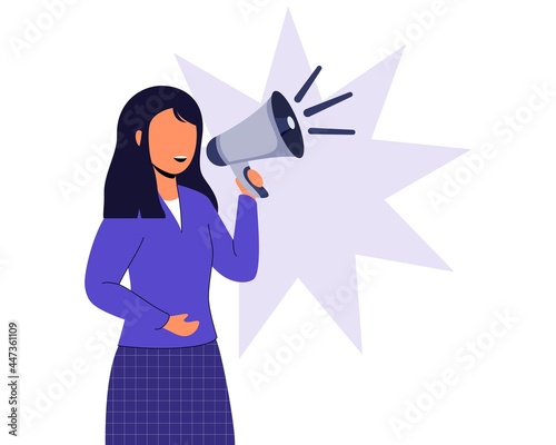 Professional speaker with megaphone Vector illustration flat design style Woman holding megaphone and say or shout speech isolated on white Business concept