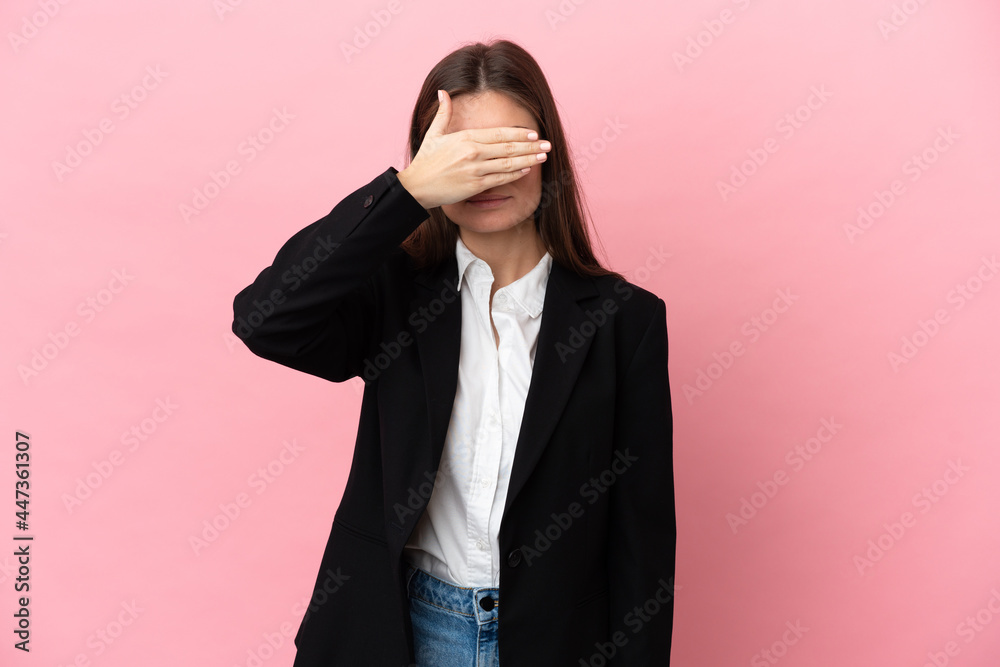 Young Business caucasian woman isolated on pink background covering eyes by hands. Do not want to see something Young Business caucasian woman isolated on pink background covering eyes by hands. Do not want to see something