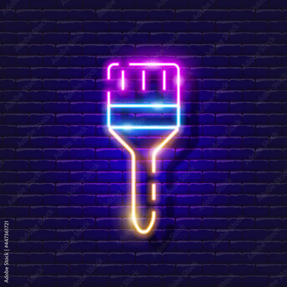 Building Paintbrush neon icon. Vector illustration for design. Repair tool glowing sign. Construction tools concept. Building Paintbrush neon icon. Vector illustration for design. Repair tool glowing sign. Construction tools concept.