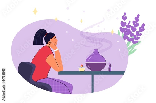 Decorative ultrasonic home diffuser and lavender flowers for meditation and freshness at home Aromatherapy Concept of a home spa and wellness space Vector illustration Woman using an aroma diffuser