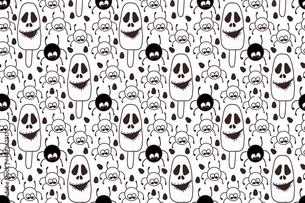 Halloween seamless pattern, white and black, doodle style, hand drawing illustration Halloween seamless pattern, white and black, doodle style, hand drawing illustration
