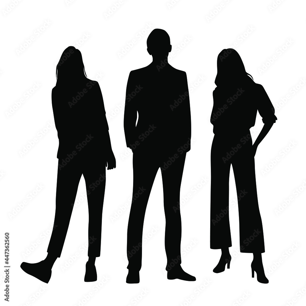 Vector silhouettes of man and a women, a group of standing business ...