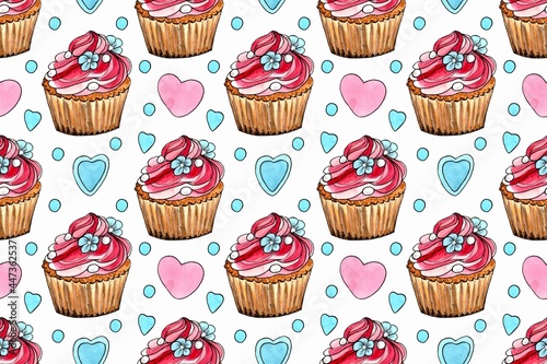 Capcake Seamless pattern. Watercolor hand painted illustration.