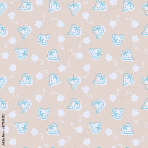 Doodle blue strawberries silhouette and flowers seamless pattern.  Perfect for scrapbooking  textile and prints. Hand drawn  illustration for decor and design.