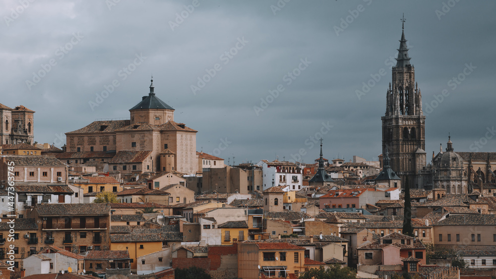 Panoramic view of the historic center of Toledo. View of the cathedral, alcazar and city quarters.