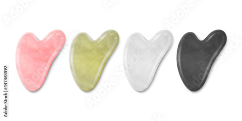Vector 3d Realistic Gua Sha Jade Scraping Massage Tool Icon Set Isolated. Natural Pink Rose, Green, White, Black Quartz Stone Scrapers. Chinese Traditional Facial Lifting for Woman. Facial Acupoints