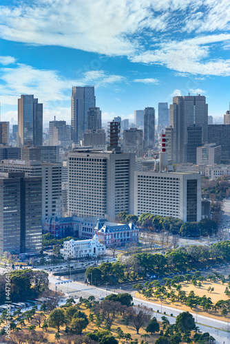 Bird's-eye view on the Kokyo Gaien National Garden of Tokyo Imperial Palace with the red brick building of Ministry of Justice and Kasumigaseki skyscrapers. photo