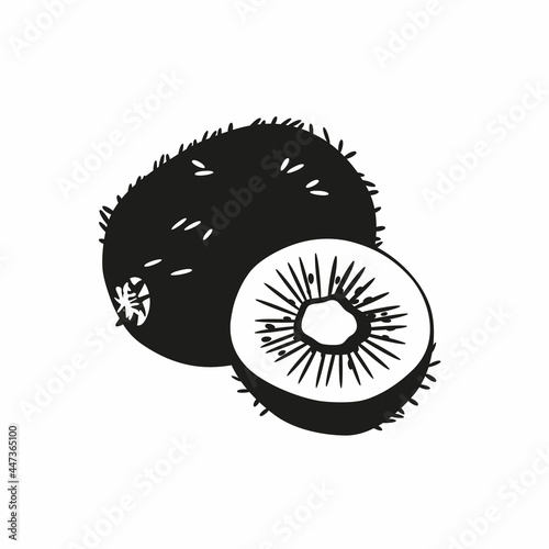 Summer kiwi silhouette fruit for health. Black kiwi icon whole and cut into slice on white background. Cartoon flat vector illustration.