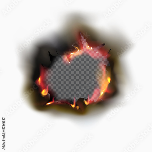 Realistic Burnt hole in paper with fire and black ash.