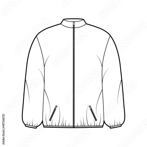 Puffer coat jacket technical fashion illustration with long sleeves, stand collar, zip-up closure, pockets, boxy fit, hip length. Flat template front, white color style. Women, men, unisex CAD mockup