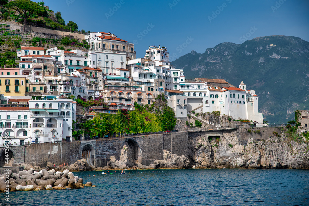 Amazing view of Amalfi Town from the sea in summer season, Italy.