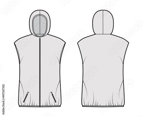 Hooded Down vest puffer waistcoat technical fashion illustration with zip-up closure, pockets, oversized body, hip length. Flat template front, back grey color style. Women, men, unisex top CAD mockup