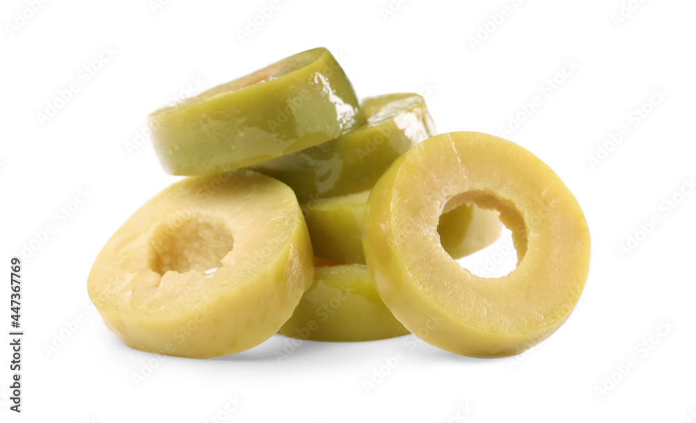 Cut fresh green olives on white background Cut fresh green olives on white background