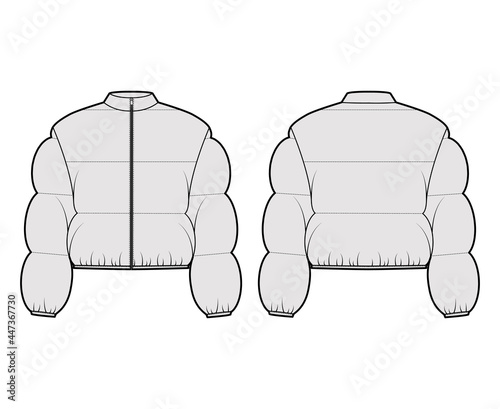 Down puffer jacket coat technical fashion illustration with long sleeves, stand collar, zip-up closure, boxy fit, crop length, wide quilting. Flat front, back, grey color style. Women, men, unisex CAD