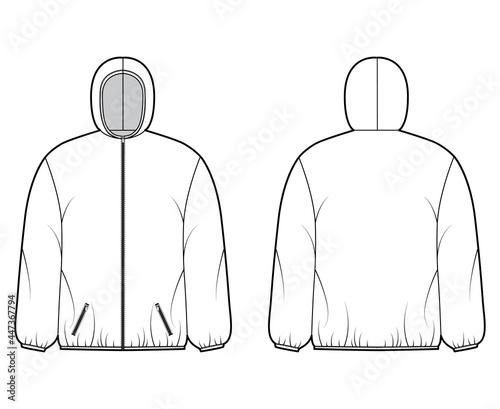 Puffer coat jacket technical fashion illustration with long sleeves, hoody collar, zip-up closure, pockets, boxy fit, hip length. Flat template front, back, white color style. Women men unisex top CAD