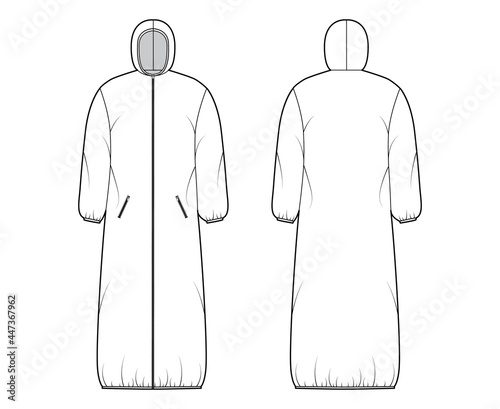 Hooded padded shell coat jacket puffer technical fashion illustration with long sleeves, maxi length, zip-up closure, boxy fit. Flat template front, back, white color style. Women, men, unisex top CAD