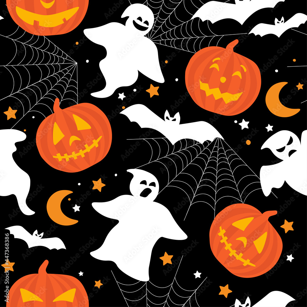 Seamless pattern silhouettes of a bat with burning eyes against the background of the moon, stars, pumpkins, cobwebs, ghosts. Decoration for the Halloween holiday, a mystical horror theme. Vector. Seamless pattern silhouettes of a bat with burning eyes against the background of the moon, stars, pumpkins, cobwebs, ghosts. Decoration for the Halloween holiday, a mystical horror theme. Vector.