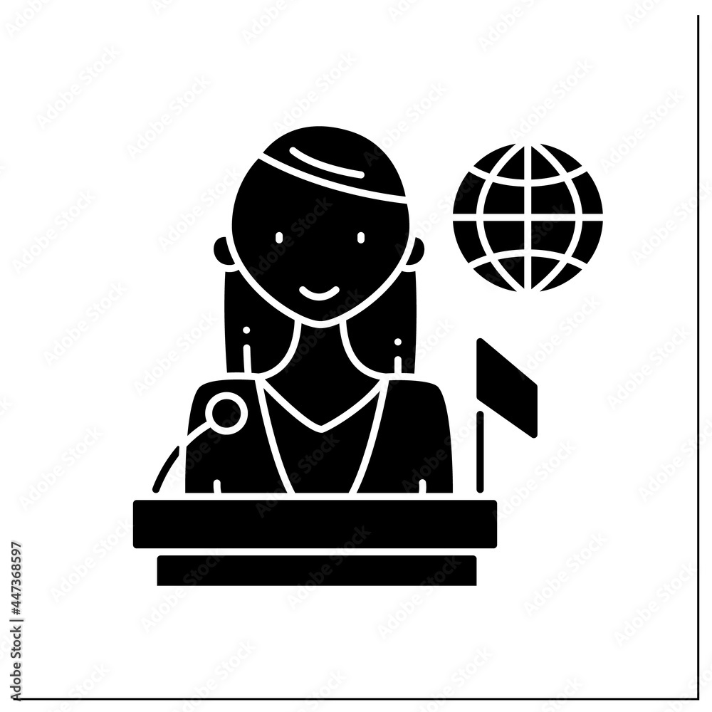 Politician glyph icon. Woman top career. Propose, support, and create laws or policies. Successful woman concept.Filled flat sign. Isolated silhouette vector illustration Politician glyph icon. Woman top career. Propose, support, and create laws or policies. Successful woman concept.Filled flat sign. Isolated silhouette vector illustration