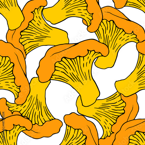 Vector seamless pattern of edible mushrooms chanterelles orange with a black outline superimposed on each other on a white background. square format of the packaging template for mushroom product labe